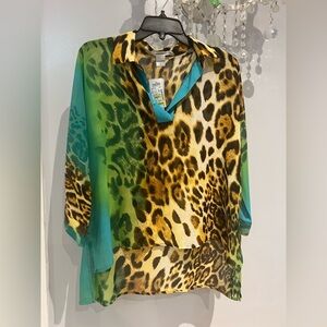 Feratelli Leopard Print Sheer Blouse - Green and Brown
